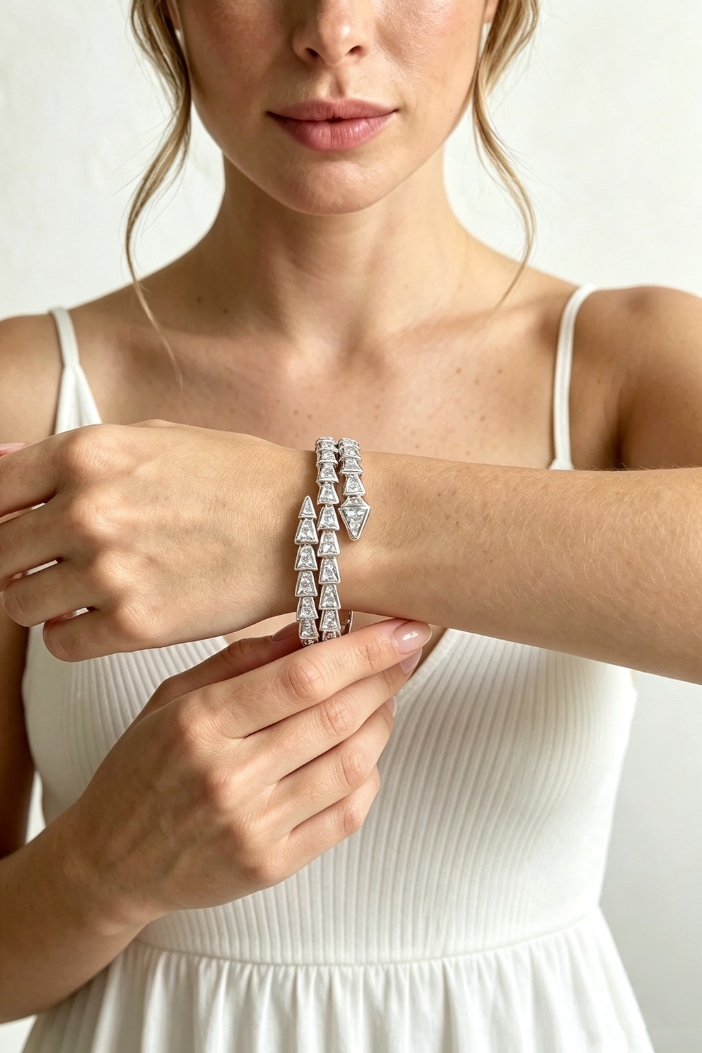 Stainless Steel 18k Plated Full Pave Cz Snake Wrap Bangle