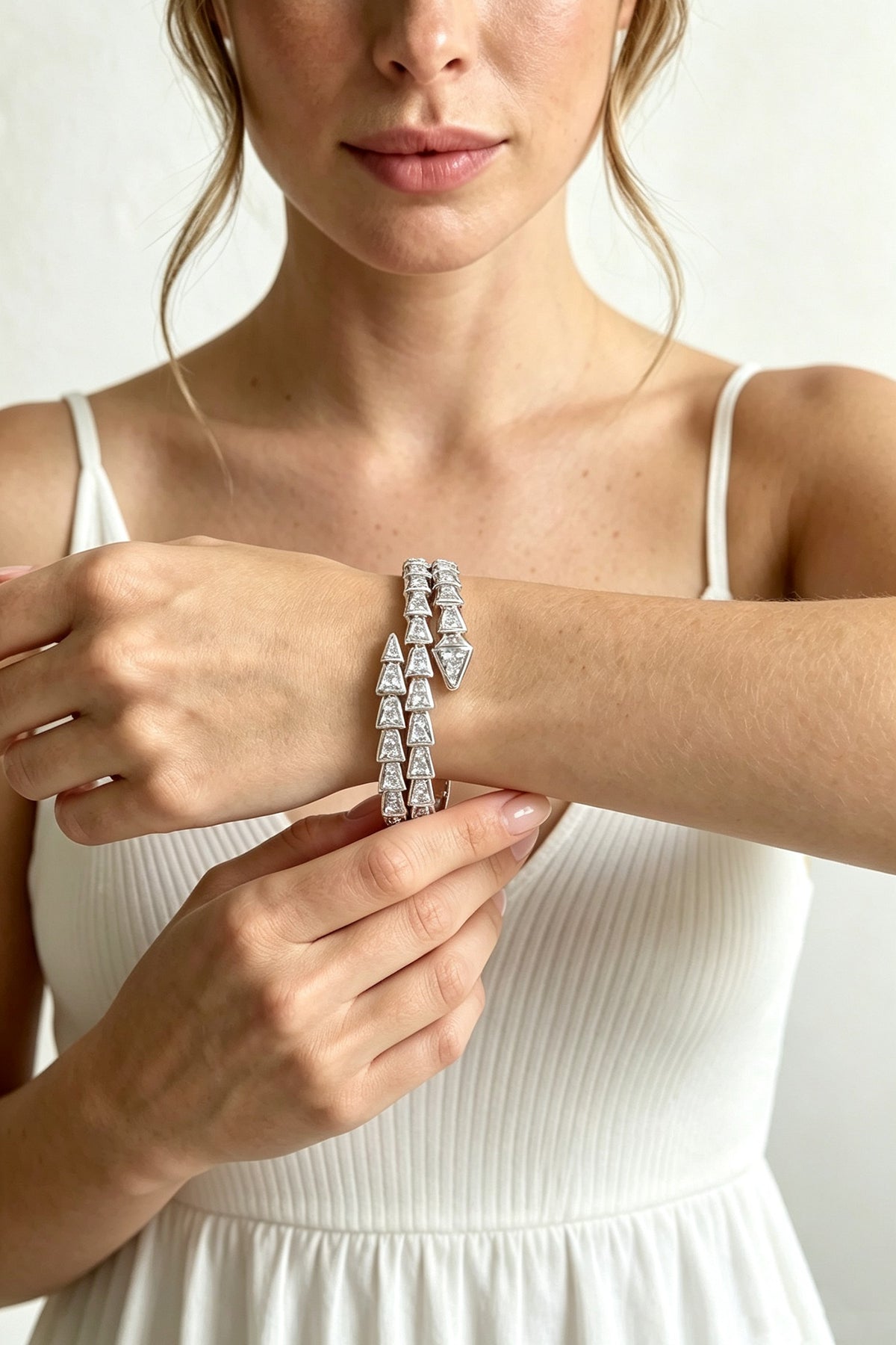 Stainless Steel 18k Plated Full Pave Cz Snake Wrap Bangle