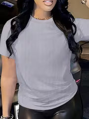 Solid Color Women's Short Sleeve T-Shirt, Summer and Autumn Casual Short Sleeve Crew Neck Standard Size Top — view 9