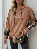 CWOHOL0906_LONG-SLEEVED Plaid Colorblock Hooded Sweatshirt