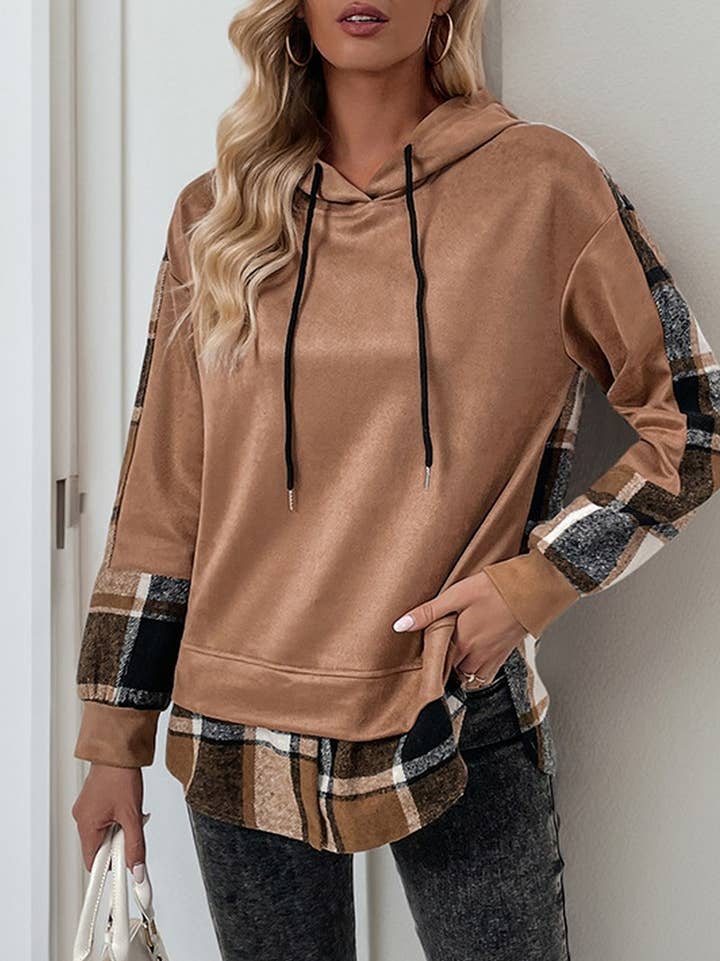 CWOHOL0906_LONG-SLEEVED Plaid Colorblock Hooded Sweatshirt