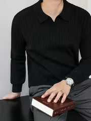 [Temujin OBM] Men's Fashion New Style Solid Color Lapel Ribbed Knit Long Sleeve Pullover Sweater, Autumn/Winter — view 3
