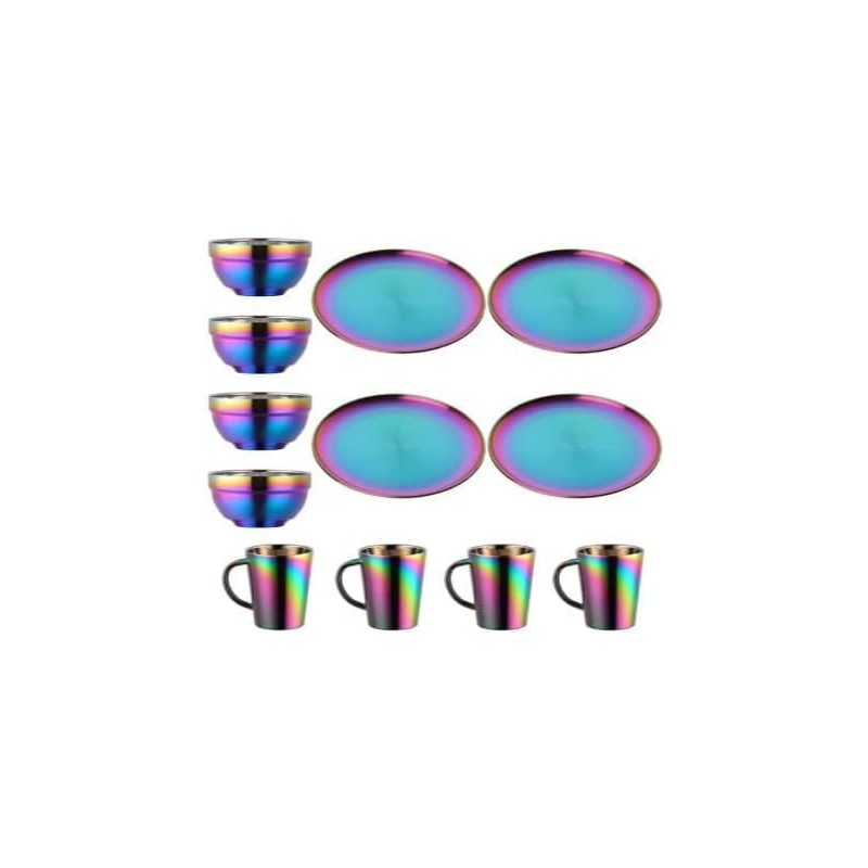 Dinnerware Sets Plates And Bowls Espresso Cups, Stainless Steel Dishes Pasta Bowls Insulated Coffee Mugs Set of 4, 12pcs Kitchen Essentials Home Apartment Wedding