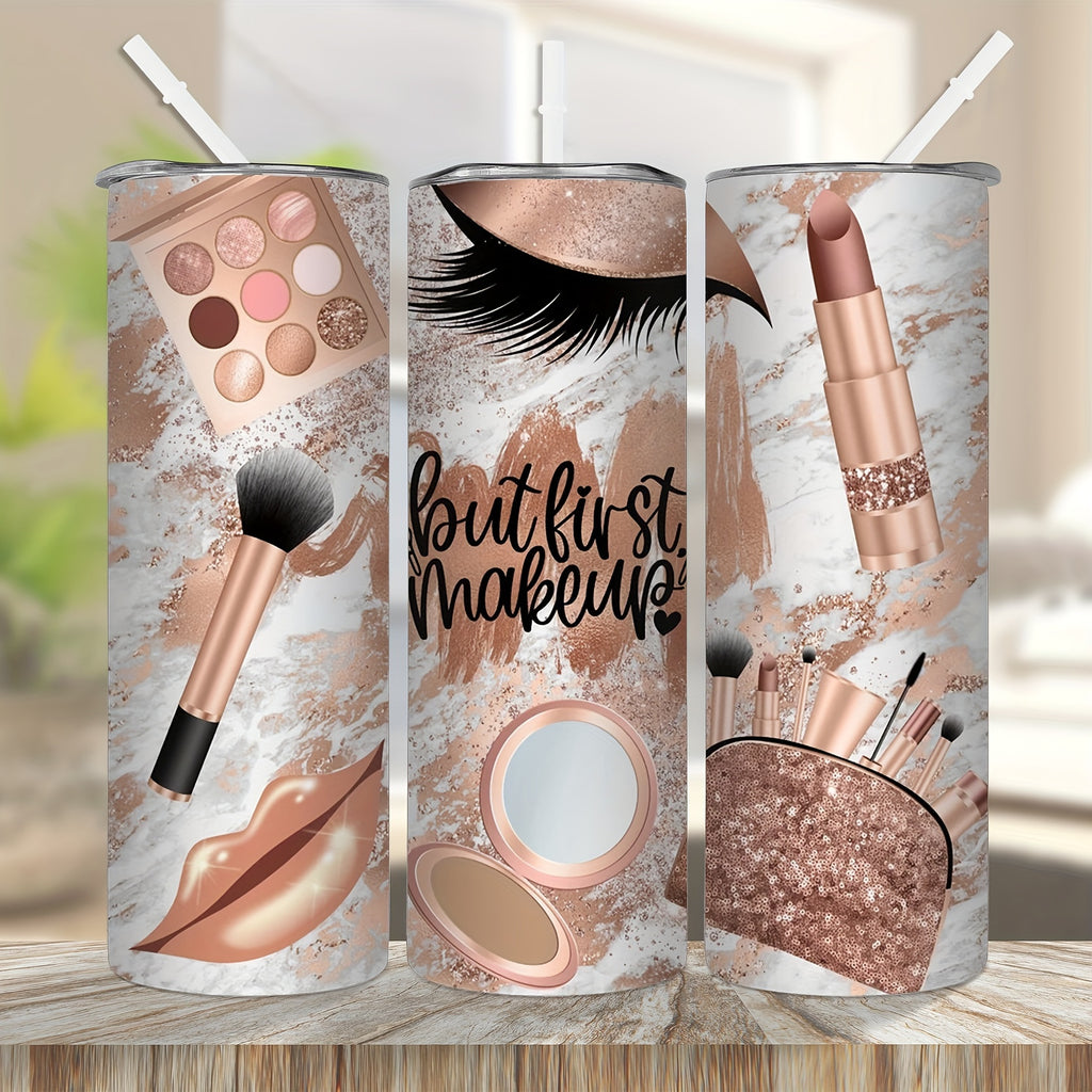 1pc, Makeup Cosmetics Tumbler With Lid And Straw, 20oz Stainless Steel Water Bottle, Vacuum Insulated Straight Water Cups, Summer Winter Drinkware, Outdoor Travel Accessories, Valentine's Day Gifts