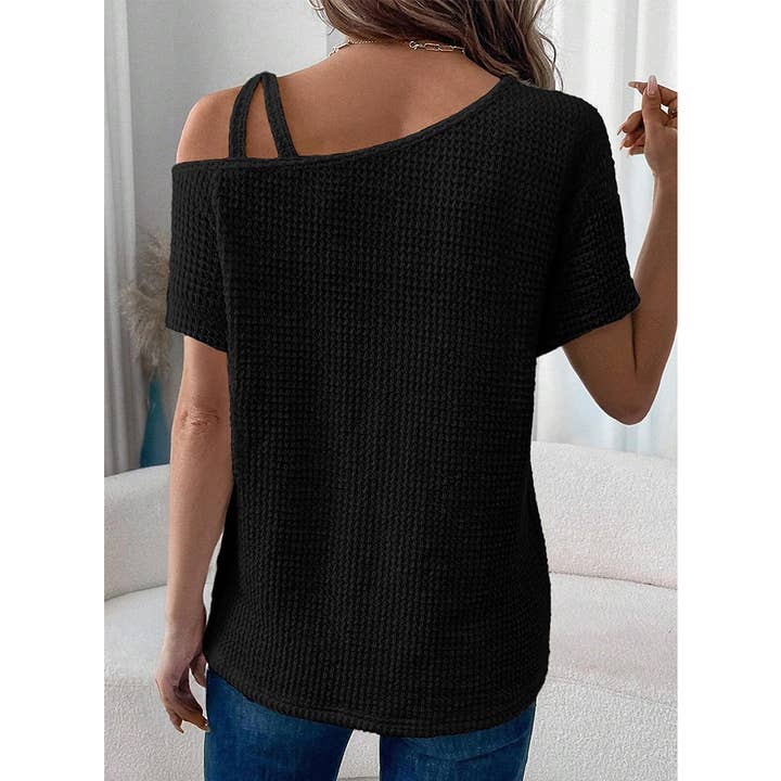 Short Sleeve Color Versatile Off-Shoulder Knit Top AXY048