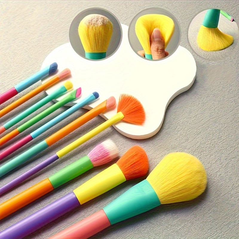A Set of 10 Ultra-Soft Rainbow Makeup Brushes Including Powder, Eyeshadow, Blush, Eyebrow, And Lip Brushes.
