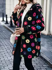 Dopamine Colored Flower Plush Coat Women'S Mid-Length Hooded Zipper Cardigan Retro Sweet Cool Style Autumn — view 3
