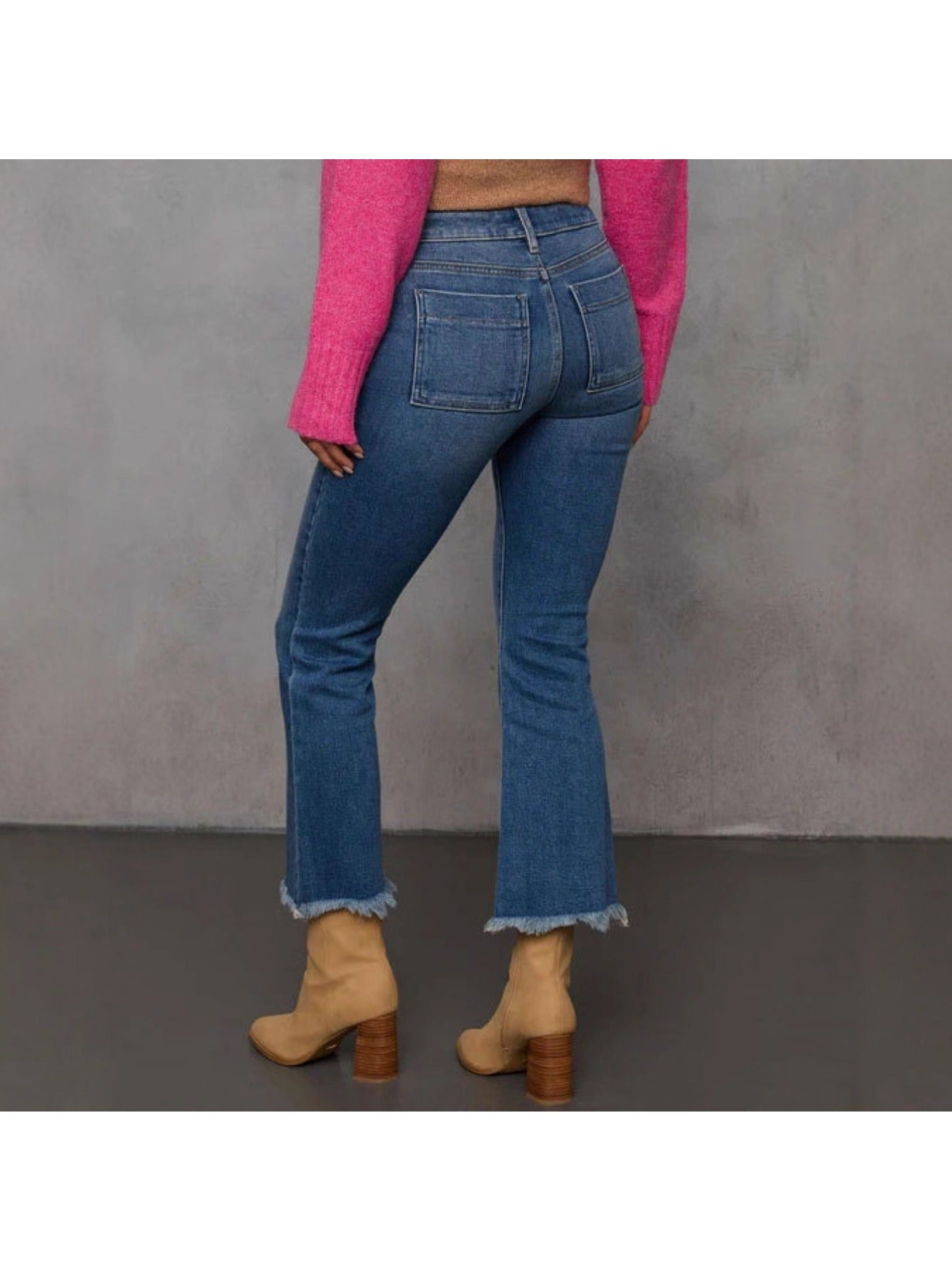 Women's Slim-Fit Distressed Frayed Hem Jeans - Mid-Rise Stretch Denim Pants with Frayed Hem & Button Closure, Wash Blue/Beige Tapered Leg, All-Season Casual Streetwear (No Belt Loops) - Vintage Look for Skinny Jeans