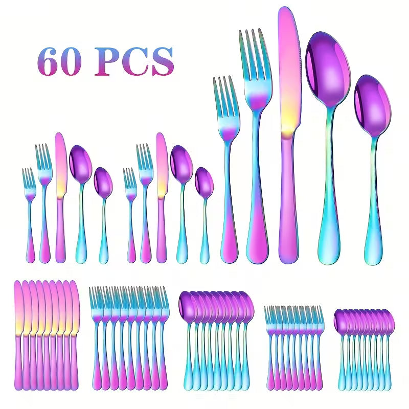 60pcs Outdoor Stainless Steel Rainbow Cutlery Set, Portable And Durable, 12 Serving Knives, Forks And Spoons — view 11