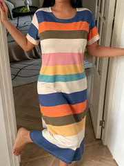 [Women's Nightgown Dress] New Spring/Summer Women's Striped Short-Sleeve Nightgown - Long Loose Comfortable Home — view 5