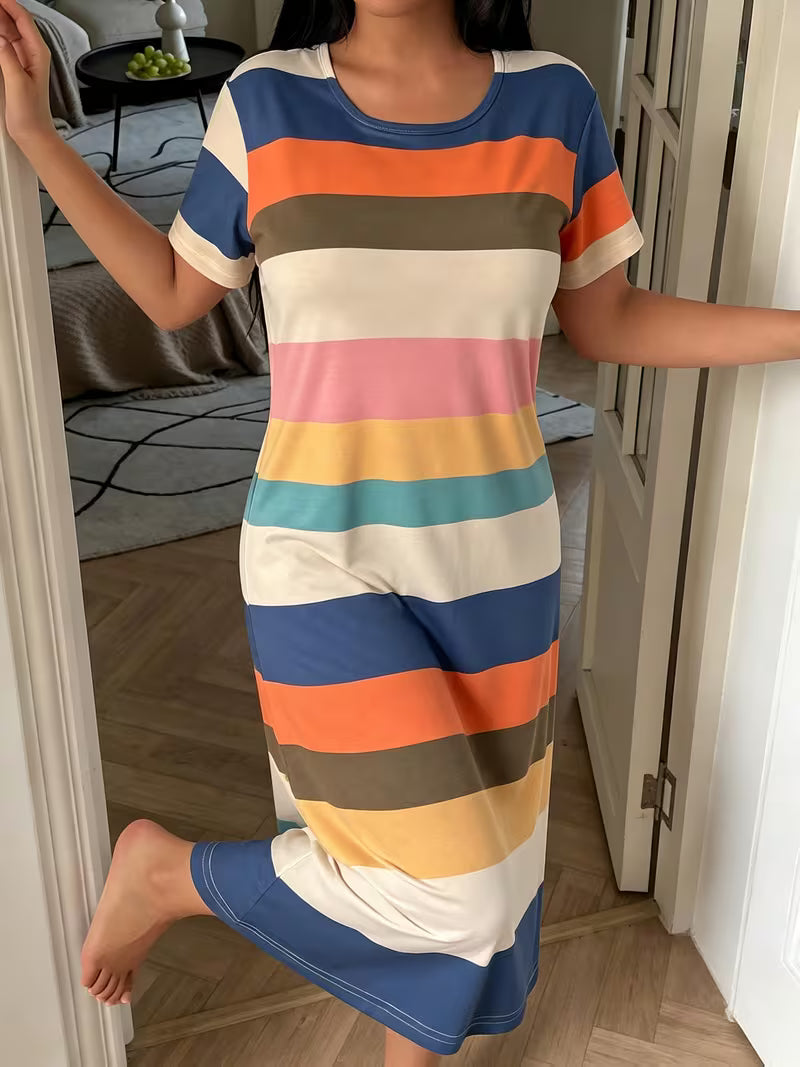 [Women's Nightgown Dress] New Spring/Summer Women's Striped Short-Sleeve Nightgown - Long Loose Comfortable Home — view 6
