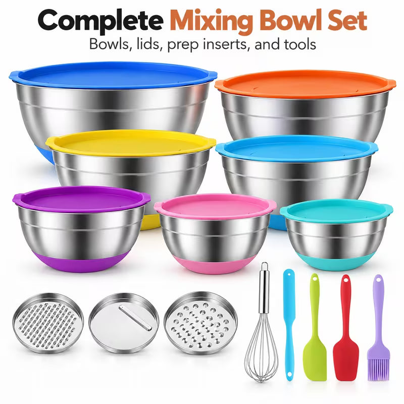 15pcs Stainless Steel Mixing Bowls Set, 7 Nesting Bowls with Colorful Lids, Non-Slip Silicone Base, Includes 3 — view 8