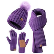 Winter Beanie Hat Scarf Gloves Set for Women, Womens Beanie with Pom Pom Long Scarf Neck Warmer Touchscreen — view 2
