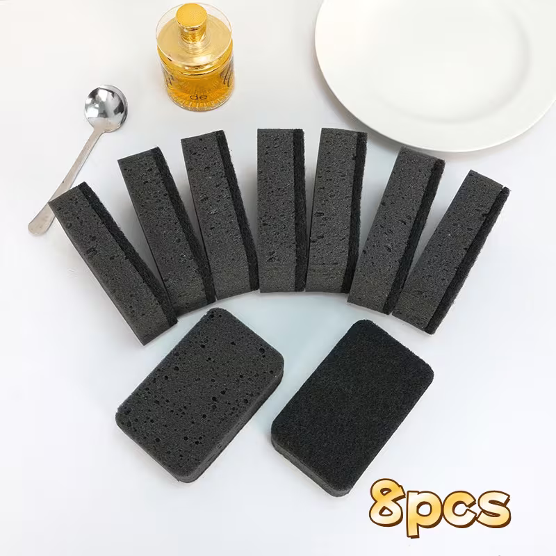 8pcs Black Thickened Seaweed Sponge Kitchen Cleaning Scrubber, Double-Sided Dishwashing Sponge, Stain Removal — view 7