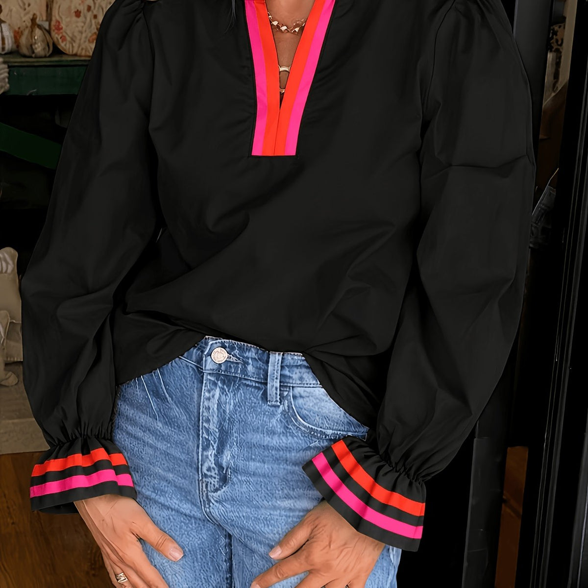 Women's Red And Rose Red Color-Blocked Ruffled Neckline