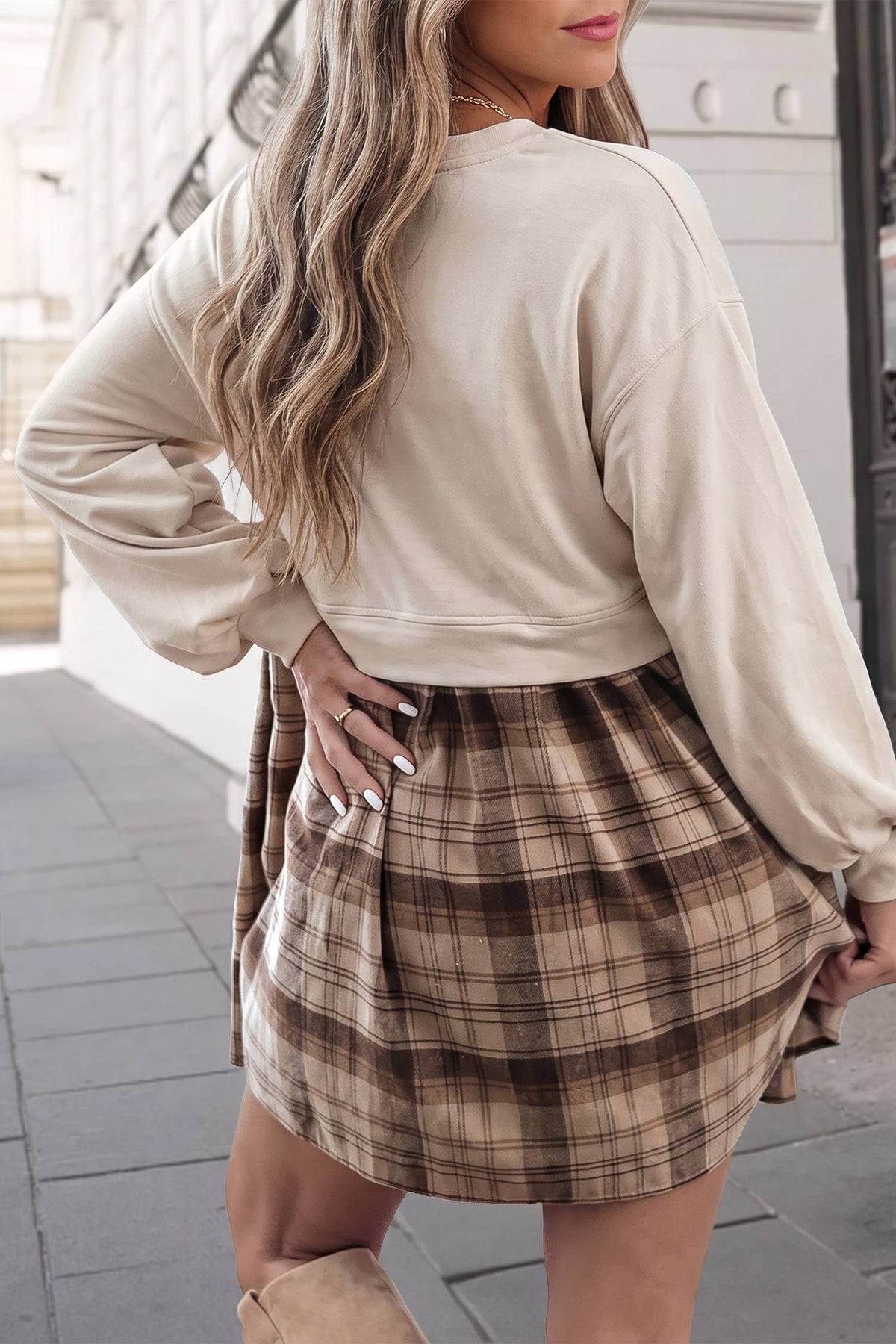 Women's Casual Plaid Crewneck Sweatshirt Mini Dress