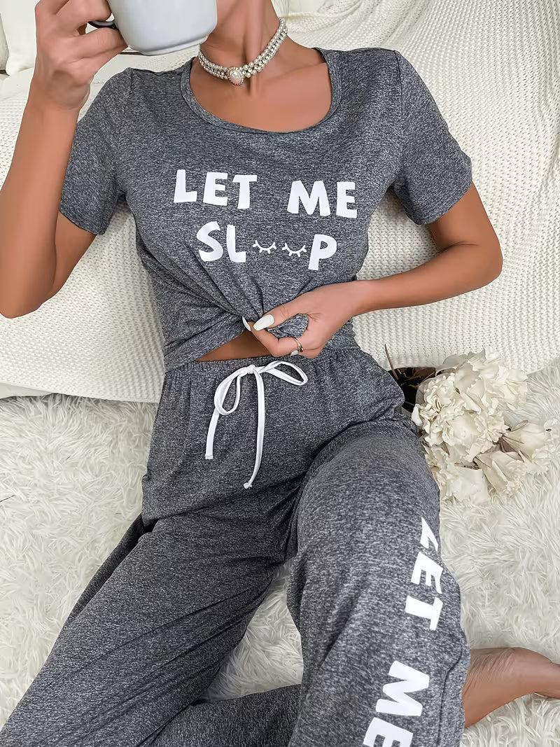 Letter Graphic Tie Waist Lounge Set Outfit — view 8