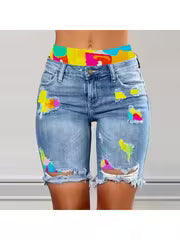 The Last Warm Weekend | Colour-Block Ripped Denim Shorts with Fitness Running Lining