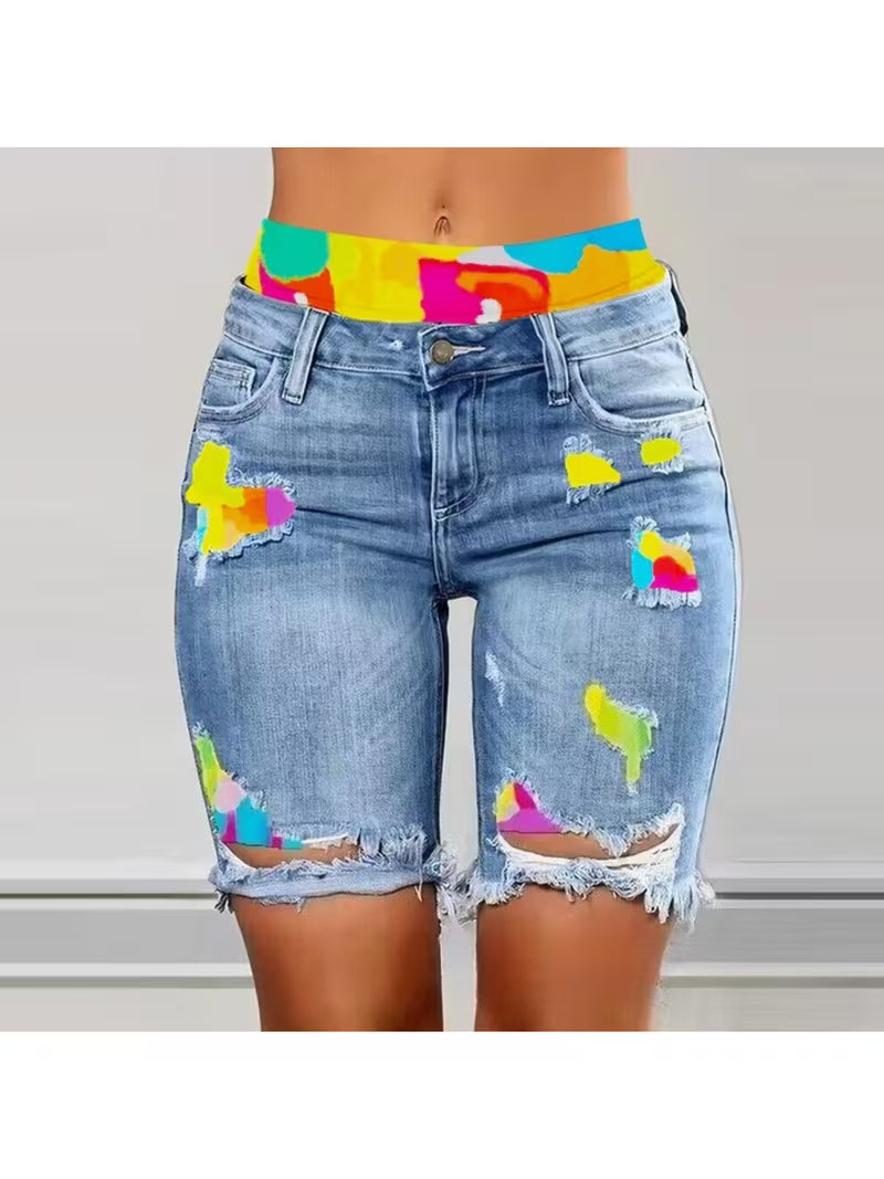 The Last Warm Weekend | Colour-Block Ripped Denim Shorts with Fitness Running Lining
