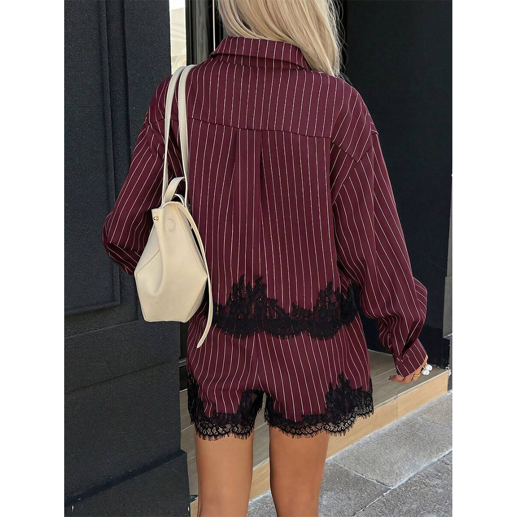 Lace Patchwork Shirt Drawstring Shorts 2-Piece Set GZDY067