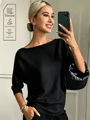 Women'S Elegant Off-Shoulder Solid Batwing Short-Sleeve Sweater, Soft Half-Sleeve Top for Daily Casual And Party — view 8
