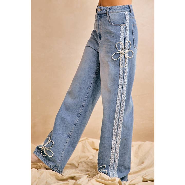 Lace Trim Pearl Floral Wide Leg Jeans