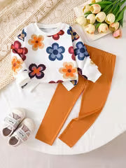 2pcs Set, 1- Girls Sweet Set, Orange Retro Mirad Color Floral Print Thickened Warm Round Neck Long Sleeve — view 3