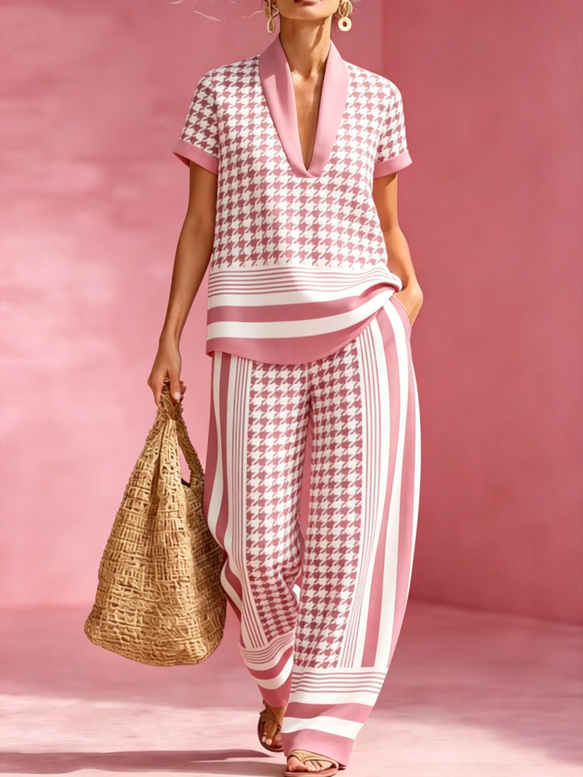 The Board Room Exit | Black & White Houndstooth V-Neck Top & Wide-Leg Pant Set — view 1 of 7