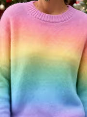 Women' Loose Fit Rainbow Stripe Sweater - Multicolor Horizontal Stripes Crewneck Sweater Suitable for Seasons — view 2