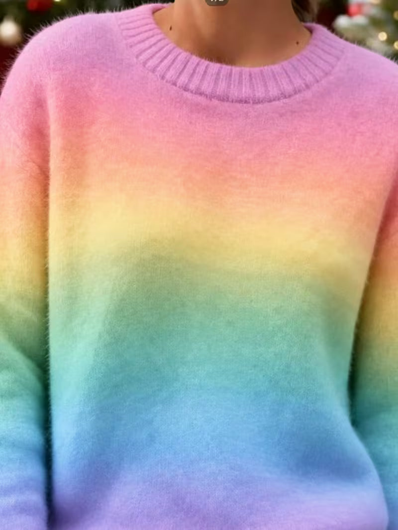 Women' Loose Fit Rainbow Stripe Sweater - Multicolor Horizontal Stripes Crewneck Sweater Suitable for Seasons — view 5