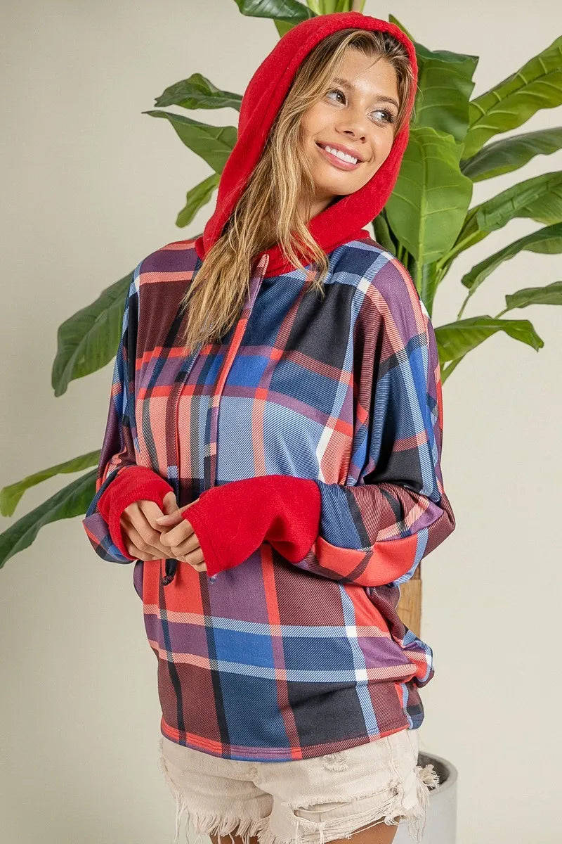 BiBi Plaid Mirr Brushed Rib Contrast Thumb Open Hoodie