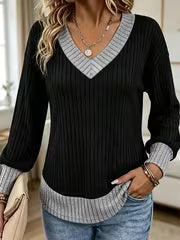 Autumn Winter New Contrast V-Neck Ribbed Top Women'S Loose Long Sleeve Base Layer Casual Commute Sweater — view 4