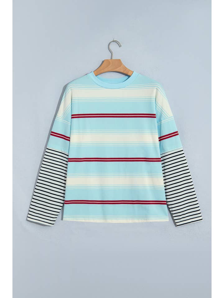 PRETTY BASH Stripe Patchwork Long Sleeve Loose Pullover Top — view 3