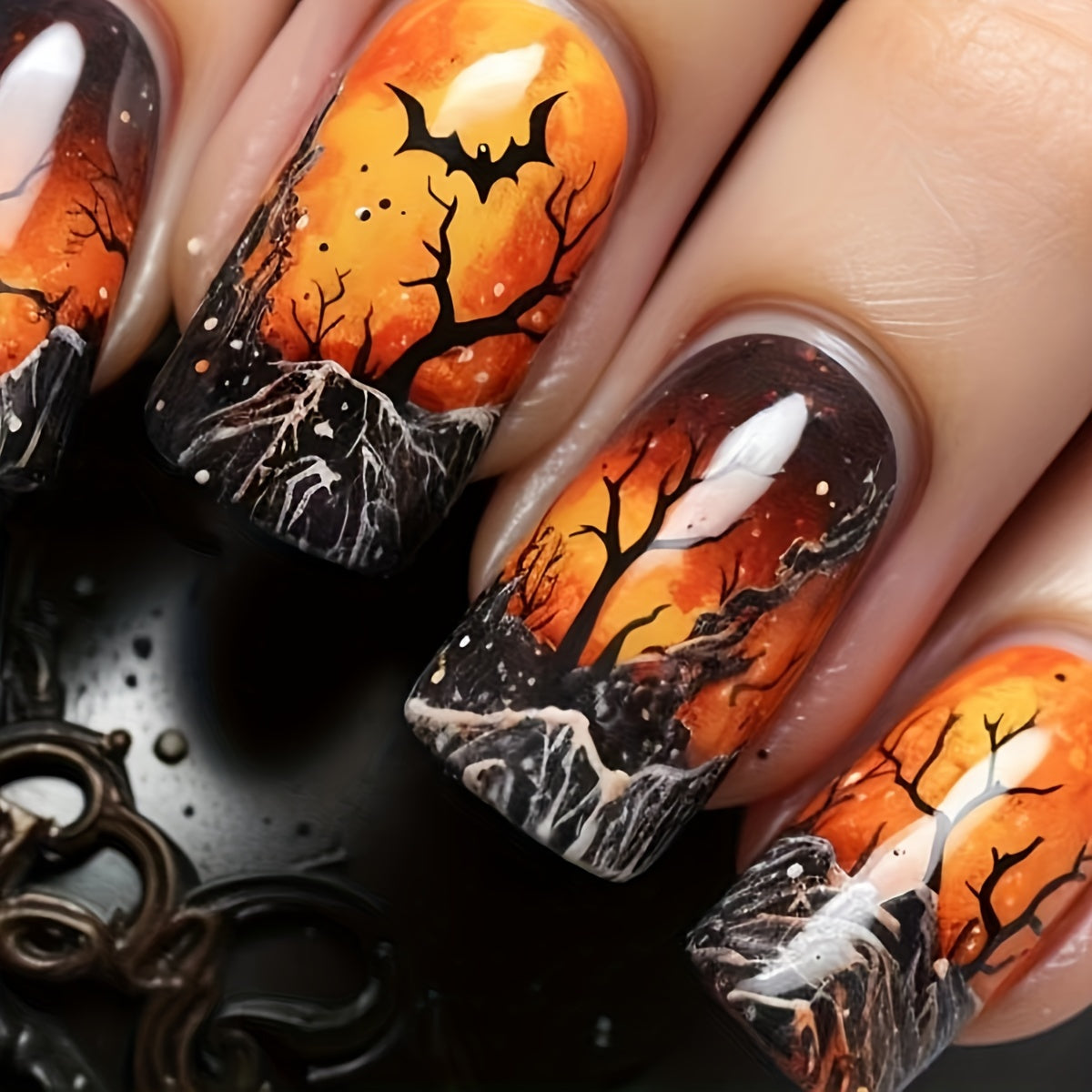 24pcs Halloween Press-On Nails - Black & Orange Tree Design with Bats, Moon & Snowflakes - Medium-Length Square Glossy Fake Nails for Halloween Parties, Reusable Detachable Nail Art, Halloween Decorations, Festive Party Accessories