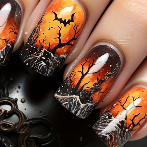 24pcs Halloween Press-On Nails - Black & Orange Tree Design with Bats, Moon & Snowflakes - Medium-Length Square Glossy Fake Nails for Halloween Parties, Reusable Detachable Nail Art, Halloween Decorations, Festive Party Accessories