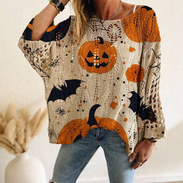 Off Shoulder Crochet Halloween Pumpkin Bat Sweater — view 1
