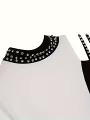 [Contrast Long-Sleeve Top] European and American Cross-Border Off-Shoulder • Black and White Contrast • — view 4
