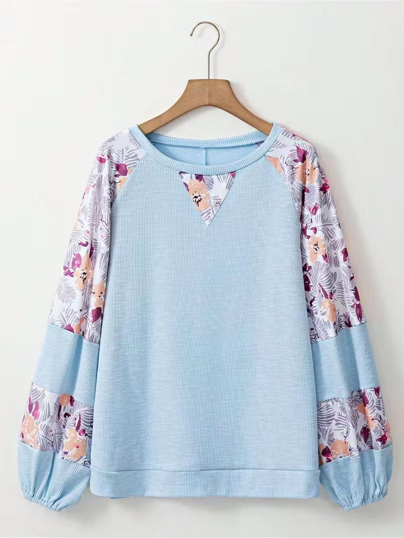 Boho Retro Cream Raglan Lantern Bubble Puff Sleeve Floral Sweater Shirt — view 11