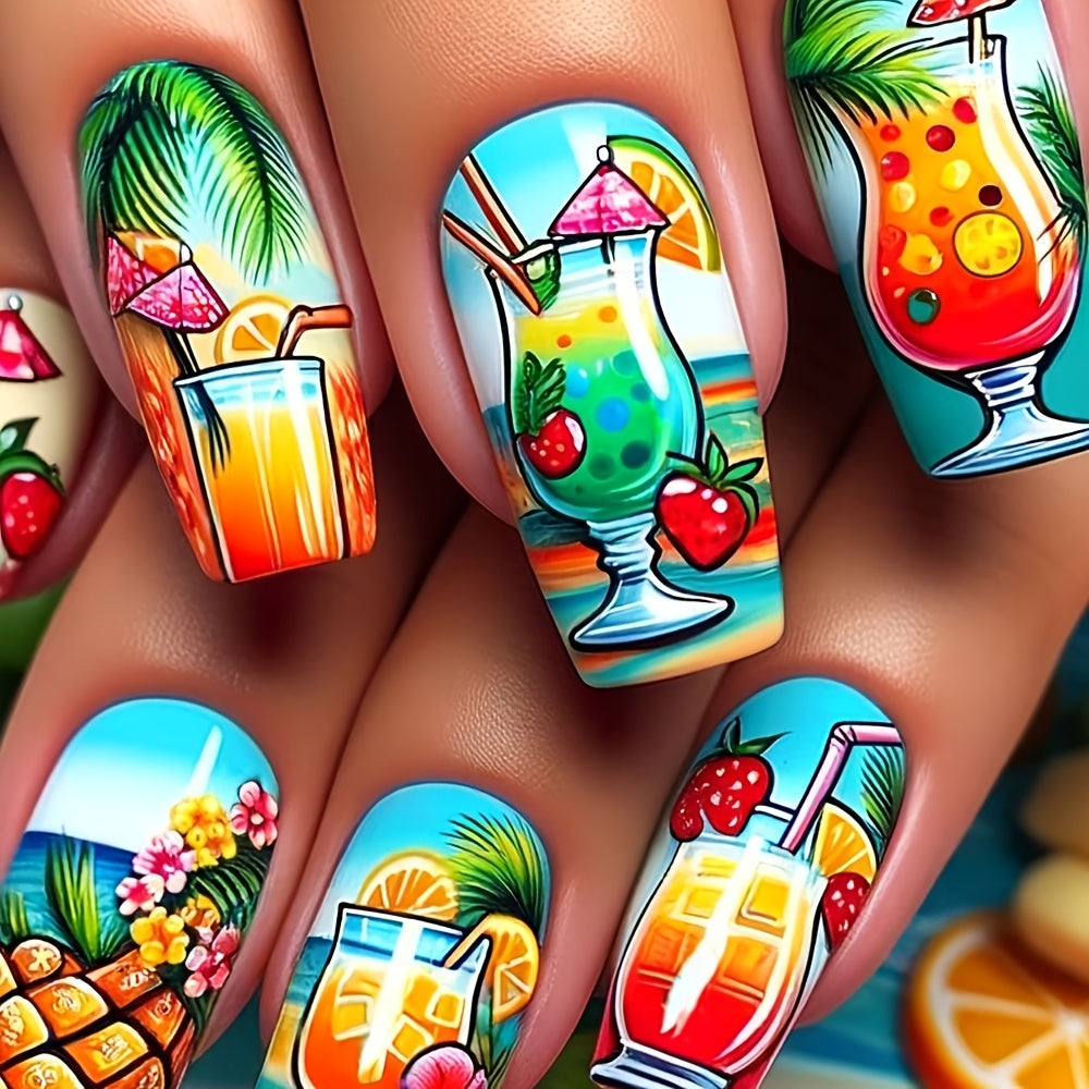 Upgrade Your Look: Long Ballet-Style Artificial Nails, Tropical Special Drink Comic-Style Protective Covers, Unique Art Style Artificial Nails, Wearable Nail Design, Glossy Nail Stickers, Removable Artificial Nails with Press-On Nails