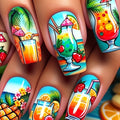 Upgrade Your Look: Long Ballet-Style Artificial Nails, Tropical Special Drink Comic-Style Protective Covers, Unique Art Style Artificial Nails, Wearable Nail Design, Glossy Nail Stickers, Removable Artificial Nails with Press-On Nails