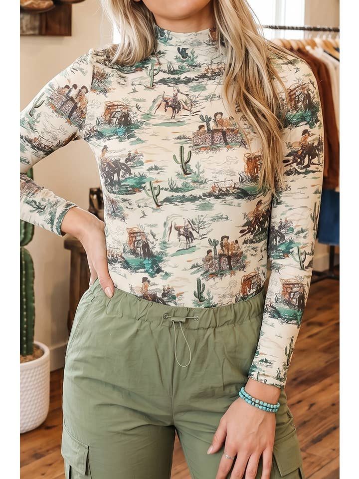 Ldc Western Print Long Sleeve Mock Neck Mesh Top