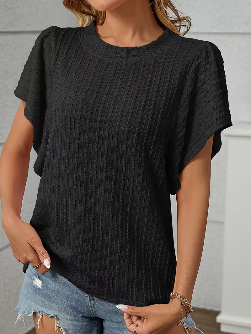 Women's Round Neck Double Layer Ruffle Short Sleeve T-Shirt - Breathable Ribbed, Machine Washable, Solid Color — view 6