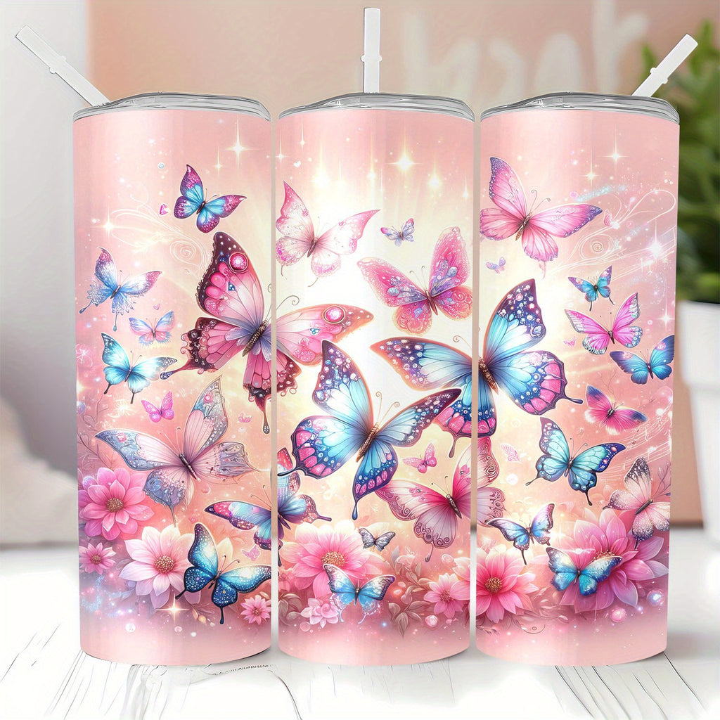 20oz Insulated Sports Tumbler with Straw and Lid, 304 Stainless Steel Butterfly Floral Design, Vacuum Cup for Hot and Cold Beverages, Ideal Gift for Mom, Lover, Sibling, Friend - Perfect for Home, Travel, Outdoor Use