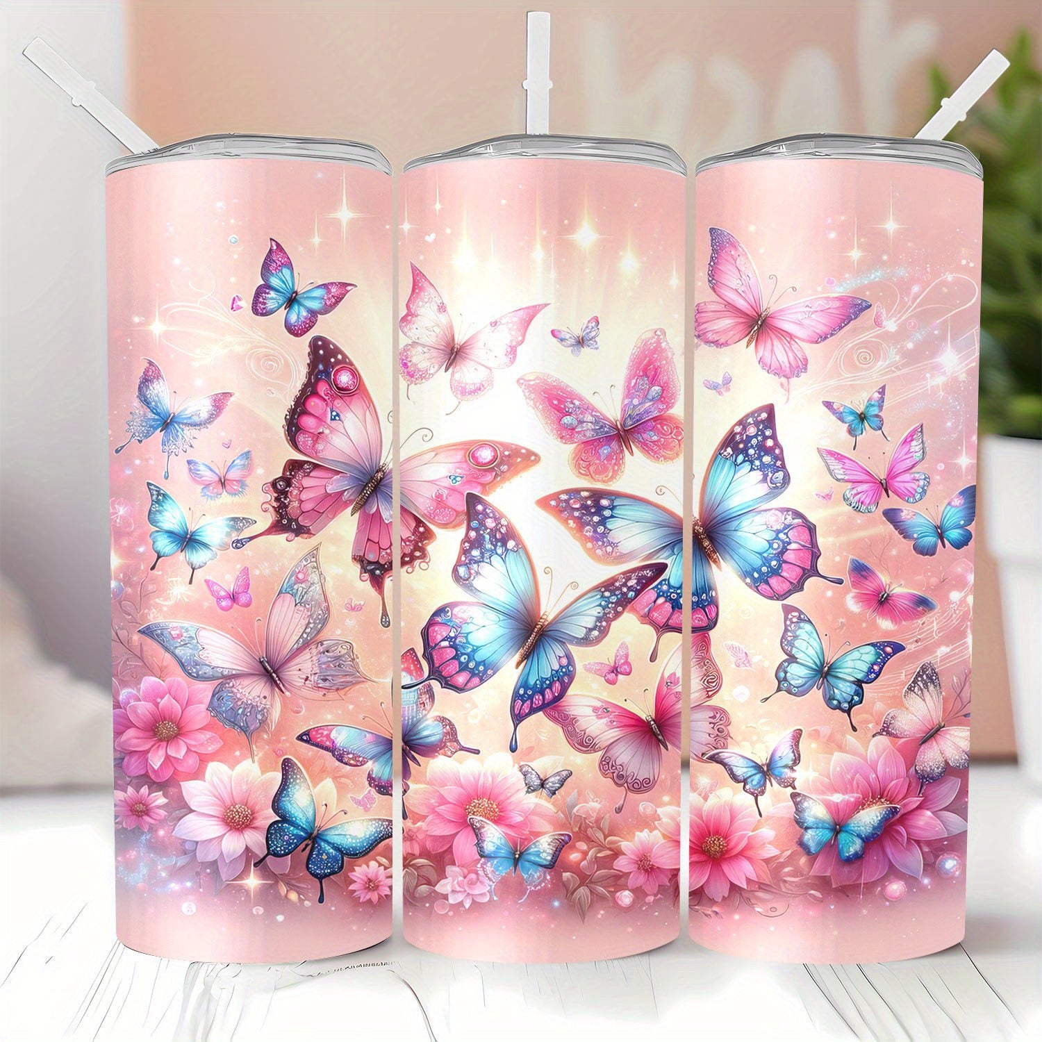 20oz Insulated Sports Tumbler with Straw and Lid, 304 Stainless Steel Butterfly Floral Design, Vacuum Cup for Hot and Cold Beverages, Ideal Gift for Mom, Lover, Sibling, Friend - Perfect for Home, Travel, Outdoor Use