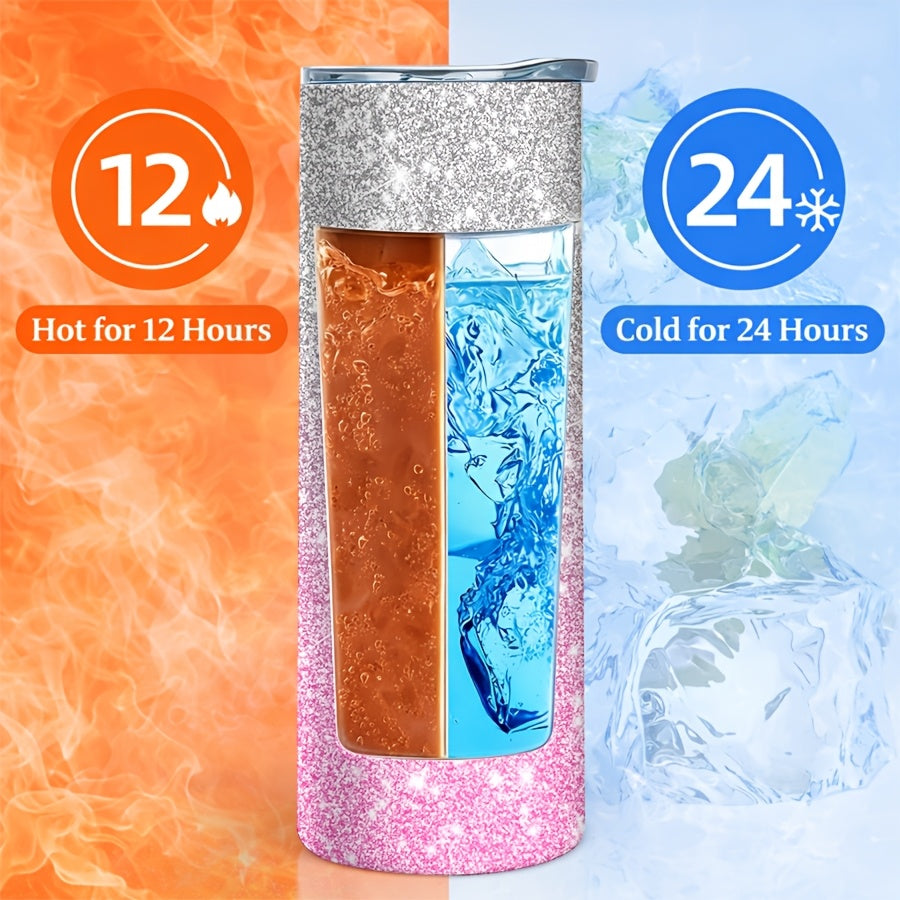 1pc 20Oz Tumbler Featuring a Glitter Gradient Design Adorned with Silver And Pink Sparkles