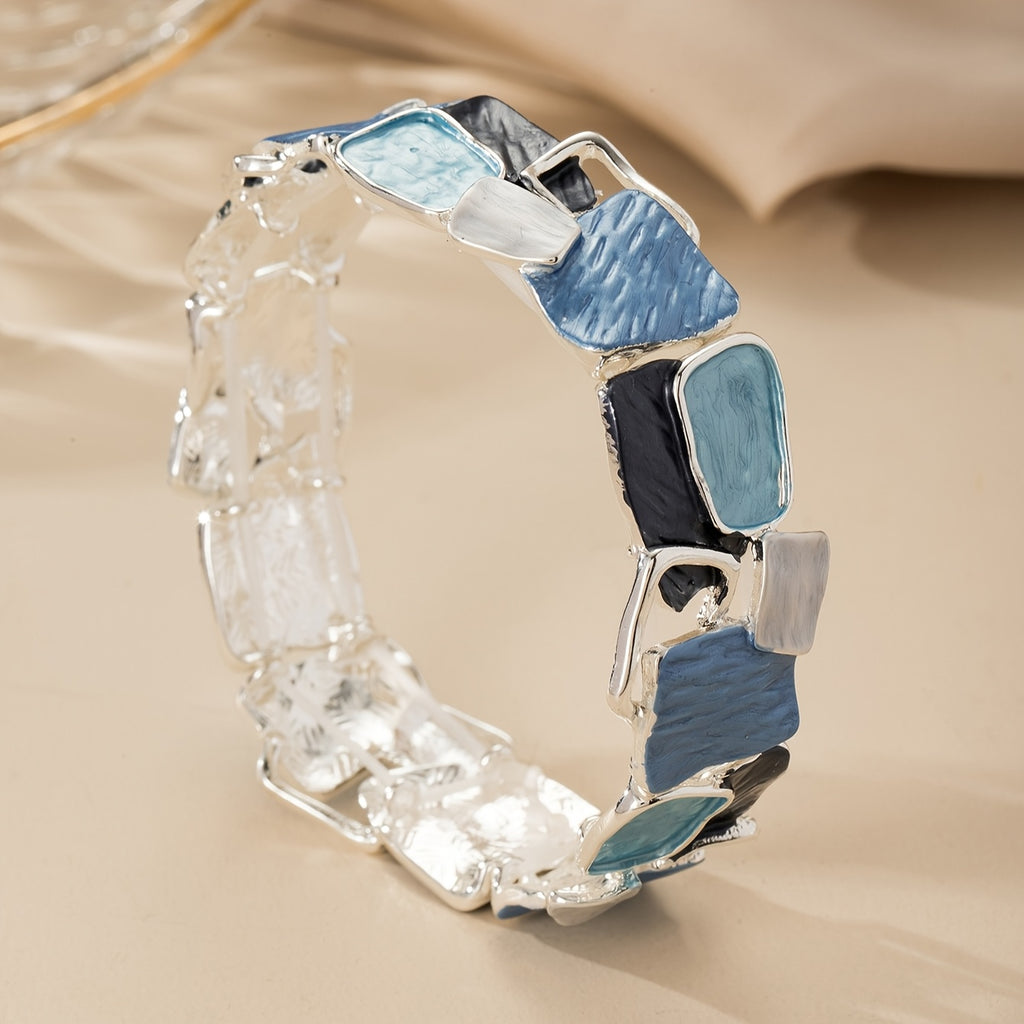 1pc Stretch Bracelet Blue Geometric Square Zinc Alloy Enamel Drip Oil Adjustable Elegant Bohemian Ocean Style Simple Elegant Design Fashionable High-End Feeling Suitable for Daily Beach Vacation And Daily Wear Accessories