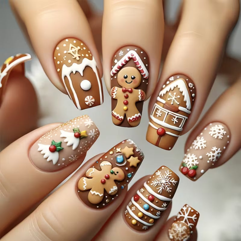 48pcs Christmas Gingerbread for Man & House Press On Nails Suitable for Nail Art, 3D Raised Gingerbread Characters, Retro Brown Base with Snowflake Designs, False Nails for Holiday Parties, Winter Nail Decorations