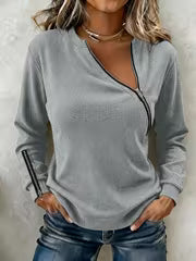 Plus Size, A Stylish and Edgy Long-sleeve Top with a Slanted Zipper Design. This Versatile T-shirt Features a — view 1