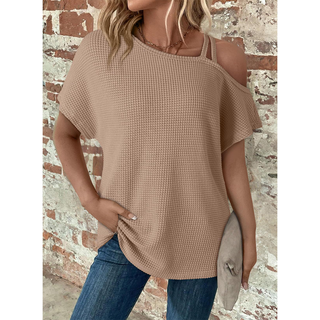 Short Sleeve Color Versatile Off-Shoulder Knit Top AXY048