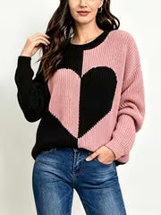 Women' Pink & Black Contrast Heart Jacquard Sweater - Loose Fit Round Neck Pullover, Soft Winter Sweater — view 3